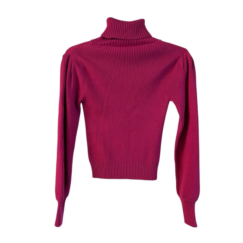 Farm Rio Ribbed Knit Turtle Neck Long Sleeve Sweater Raspberry Pink Size XS - Picture 2 of 7